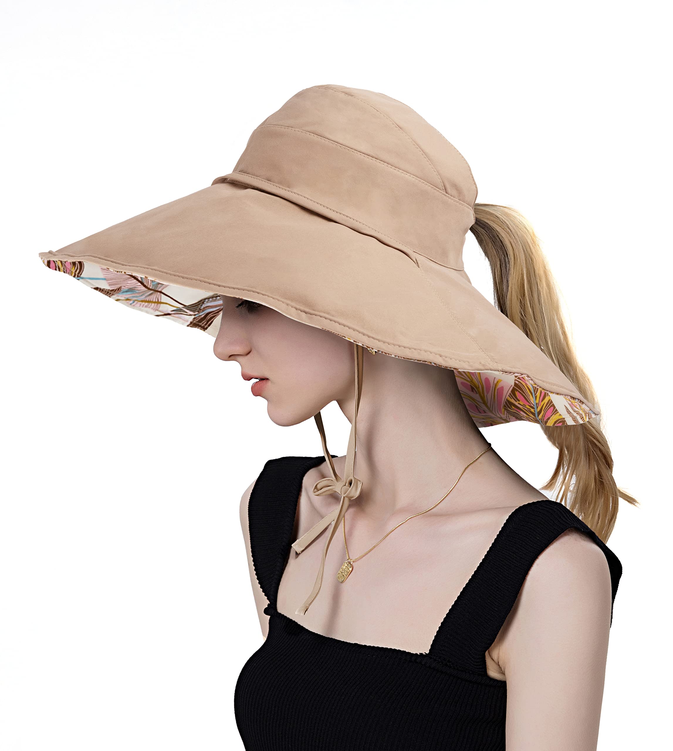 Koreshion Women Ponytail Sun Hat Reversible Fishing Hat Foldable Bowknot Summer Hat UPF 50+ Beach Cap Wide Brim Bucket Hat Khaki