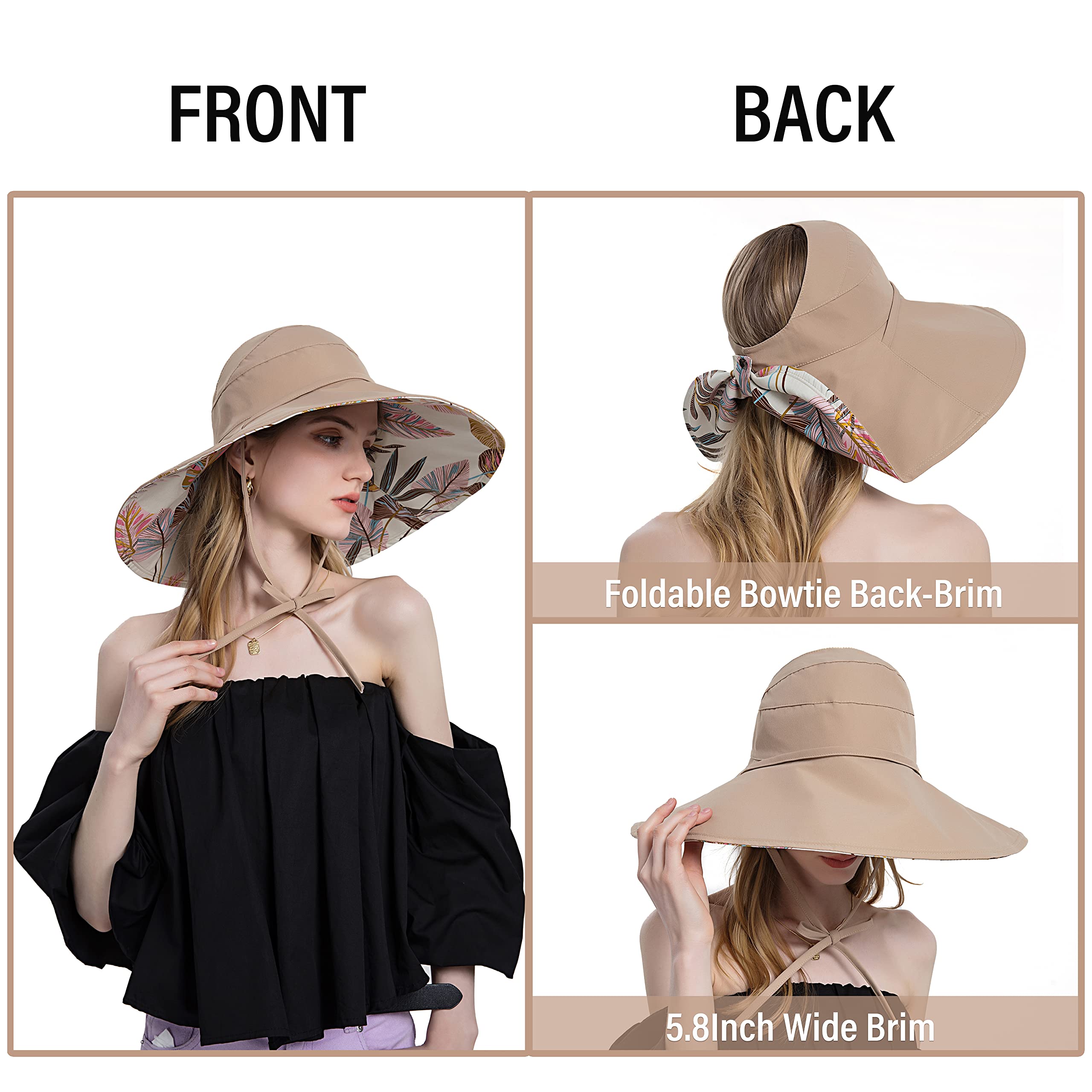 Koreshion Women Ponytail Sun Hat Reversible Fishing Hat Foldable Bowknot Summer Hat UPF 50+ Beach Cap Wide Brim Bucket Hat Khaki