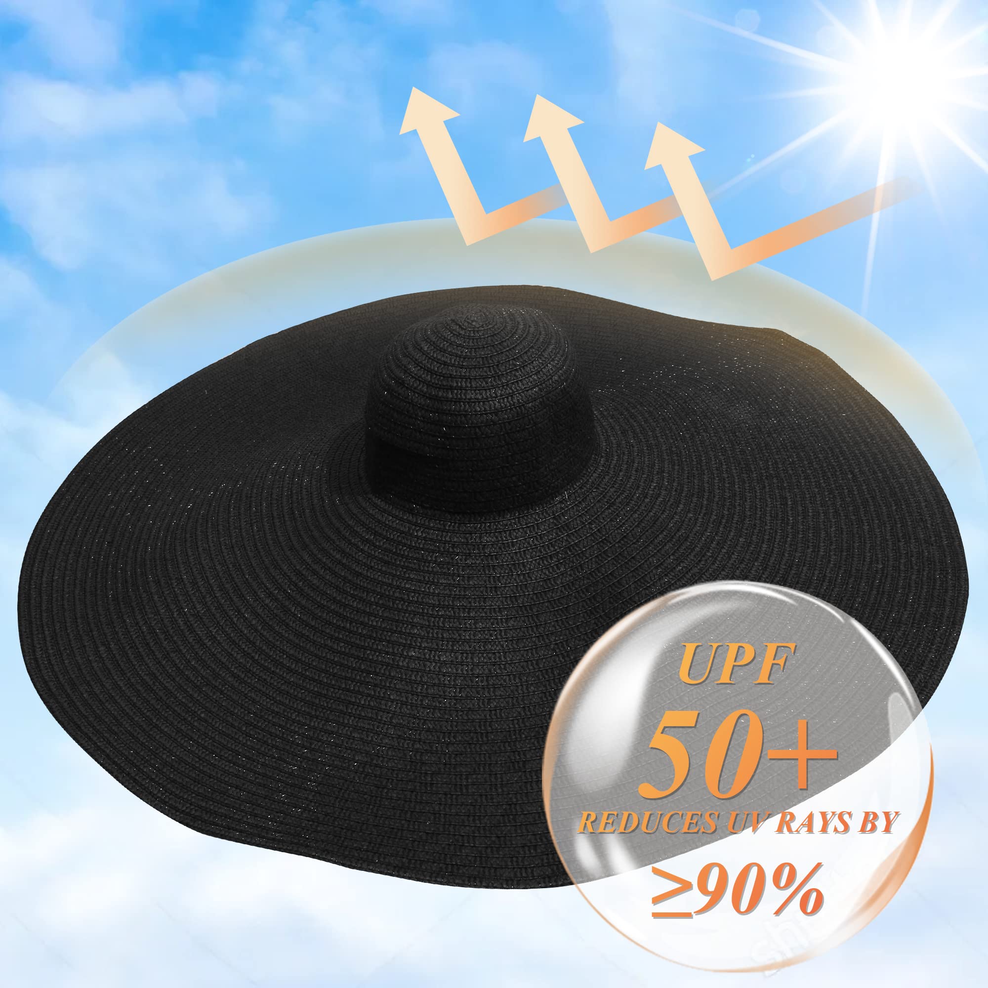 Oversized Sun Straw Hat for Women, UPF 50+ Floppy Wide Brim Summer Hat, Foldable Roll Up Travel Hat (Black, 11.8 Inches Brim Width)