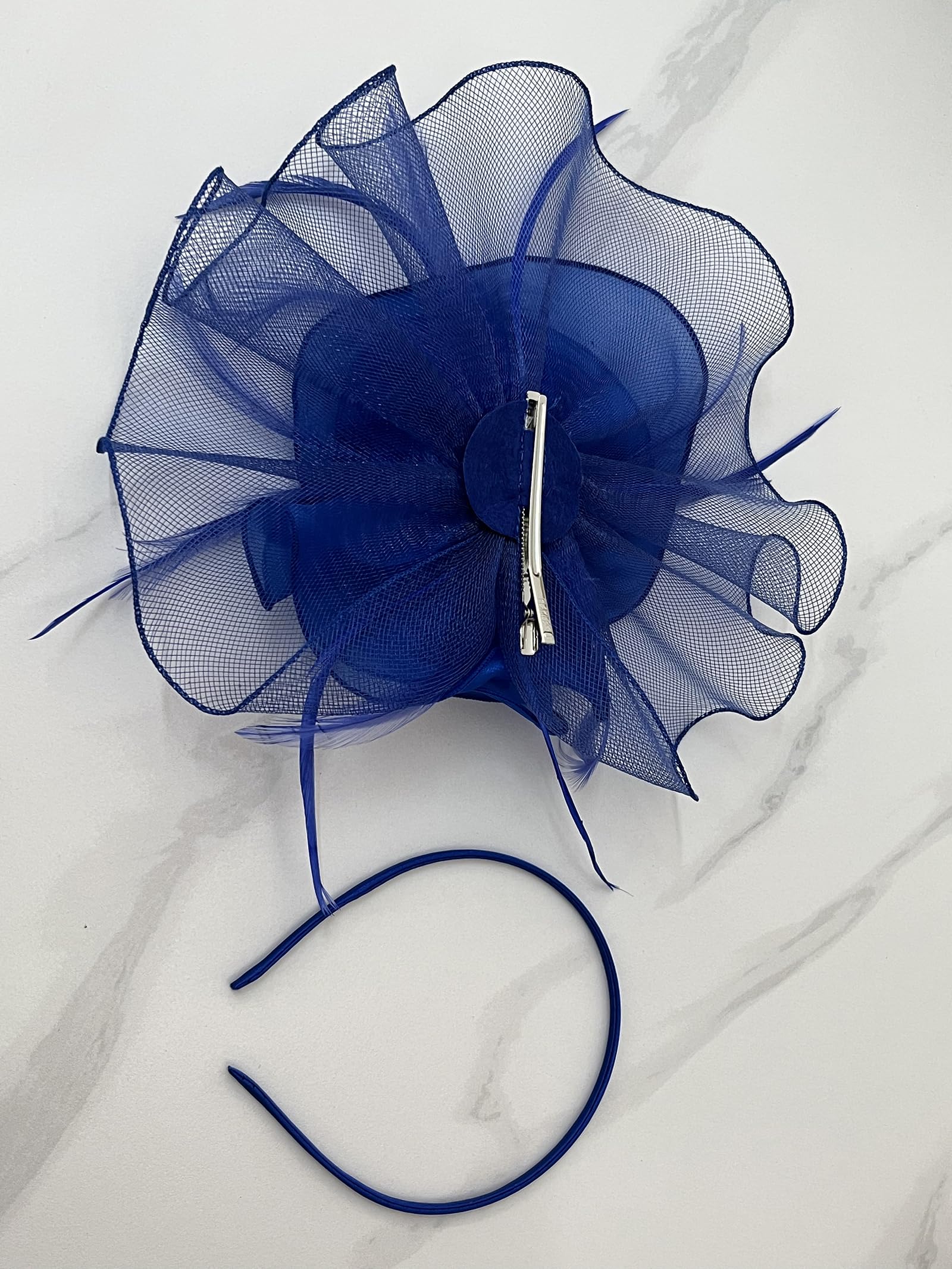 Women Fascinators Organza Fascinators 20S Party Hat Wedding Tea Party Fascinator Pillbox Hat with Headband Hairclip Royal Blue