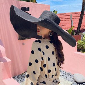 Oversized Sun Straw Hat for Women, UPF 50+ Floppy Wide Brim Summer Hat, Foldable Roll Up Travel Hat (Black, 11.8 Inches Brim Width)