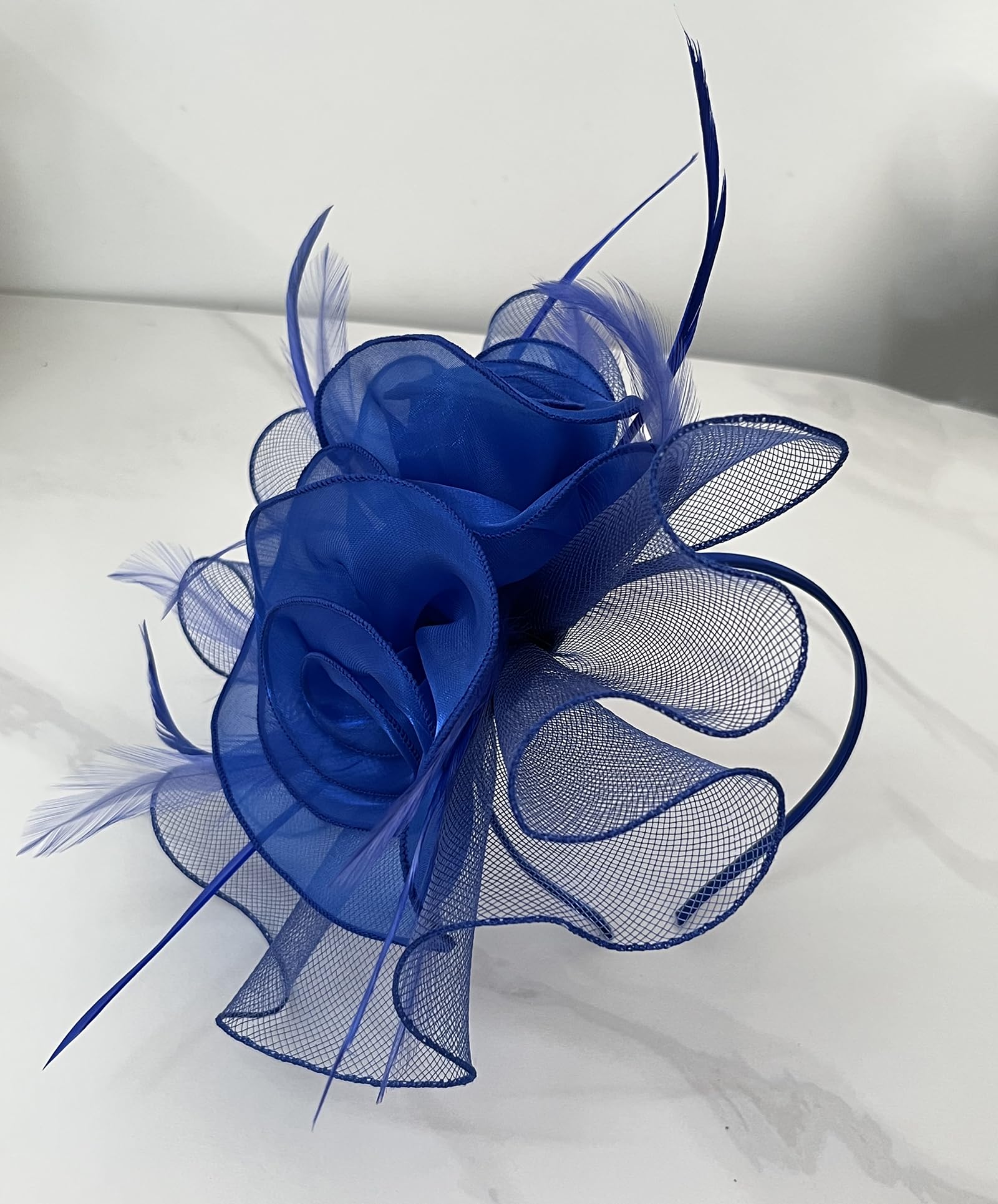 Women Fascinators Organza Fascinators 20S Party Hat Wedding Tea Party Fascinator Pillbox Hat with Headband Hairclip Royal Blue