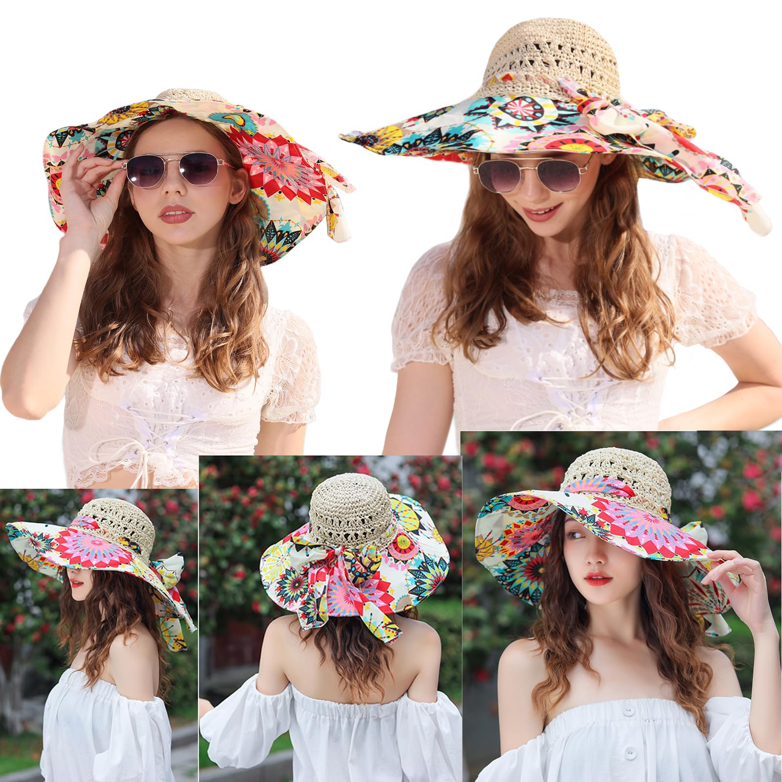 PENINSULA LOVE Summer Anti-UV Wide Brim Beach Hats Women Flower Floppy Foldable Roll up Cap Beige