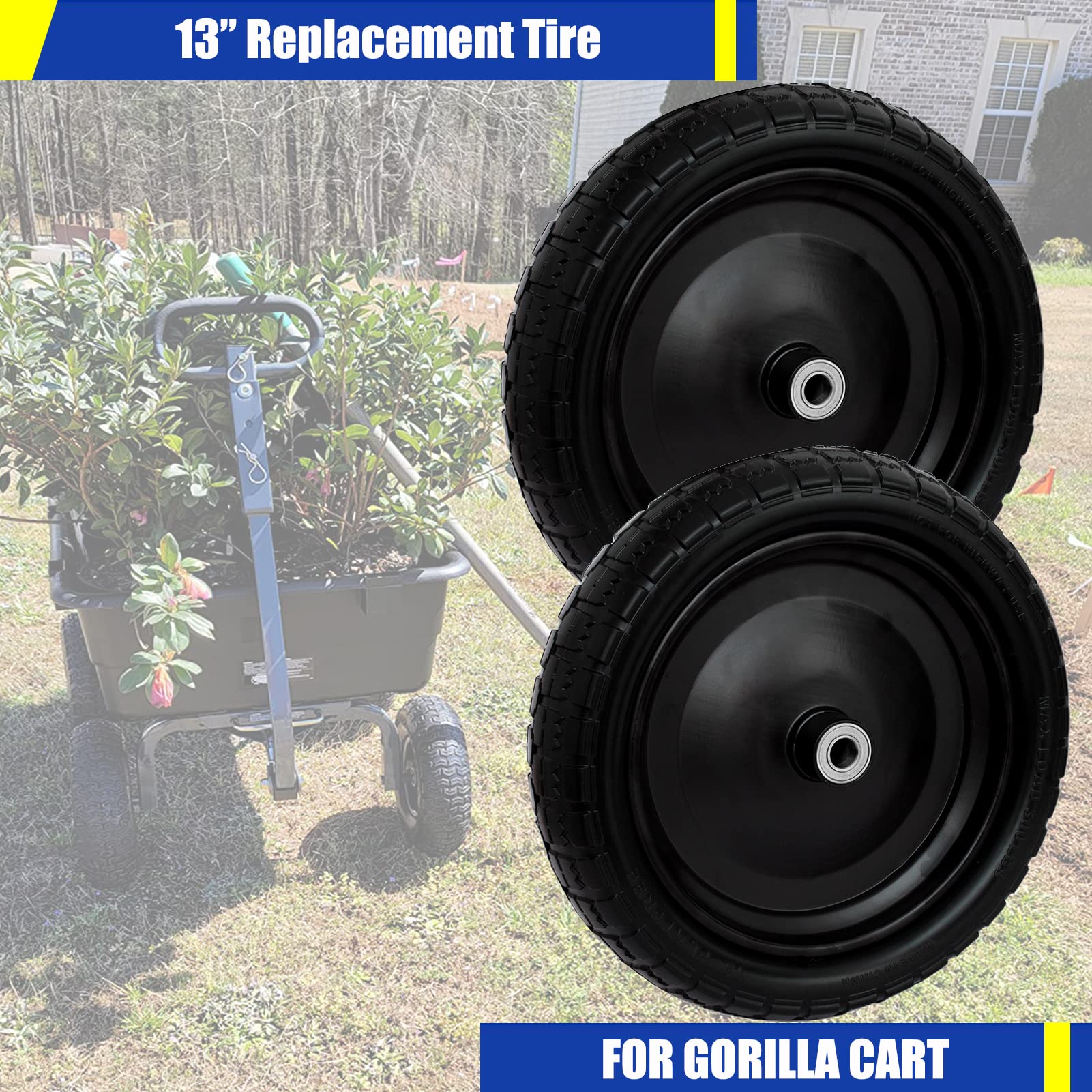 13” Flat-Free Tires for Cart,Solid Polyurethane Wheels for Hand Truck Garden Cart Trolleys,with 5/8” Axle 2.16” Offset Hub 3.15” Tire Width 600 lbs Capacity, 2pack