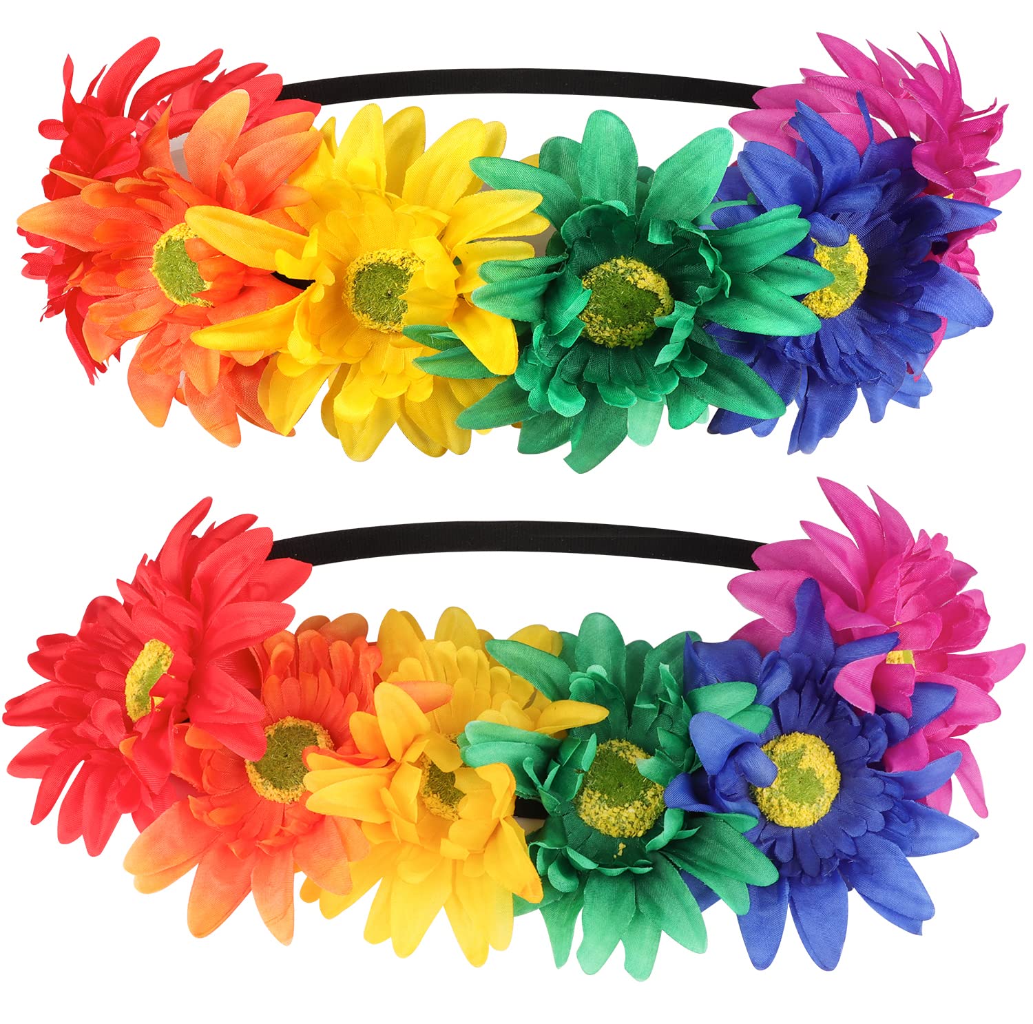 SunnyPro Sunflower Headband Flower Crown Hair Band - Pride Rainbow LGBT Accessories Floral Crowns for Women and Girls- 2 Pack