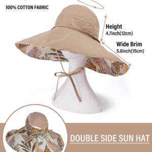 Koreshion Women Ponytail Sun Hat Reversible Fishing Hat Foldable Bowknot Summer Hat UPF 50+ Beach Cap Wide Brim Bucket Hat Khaki