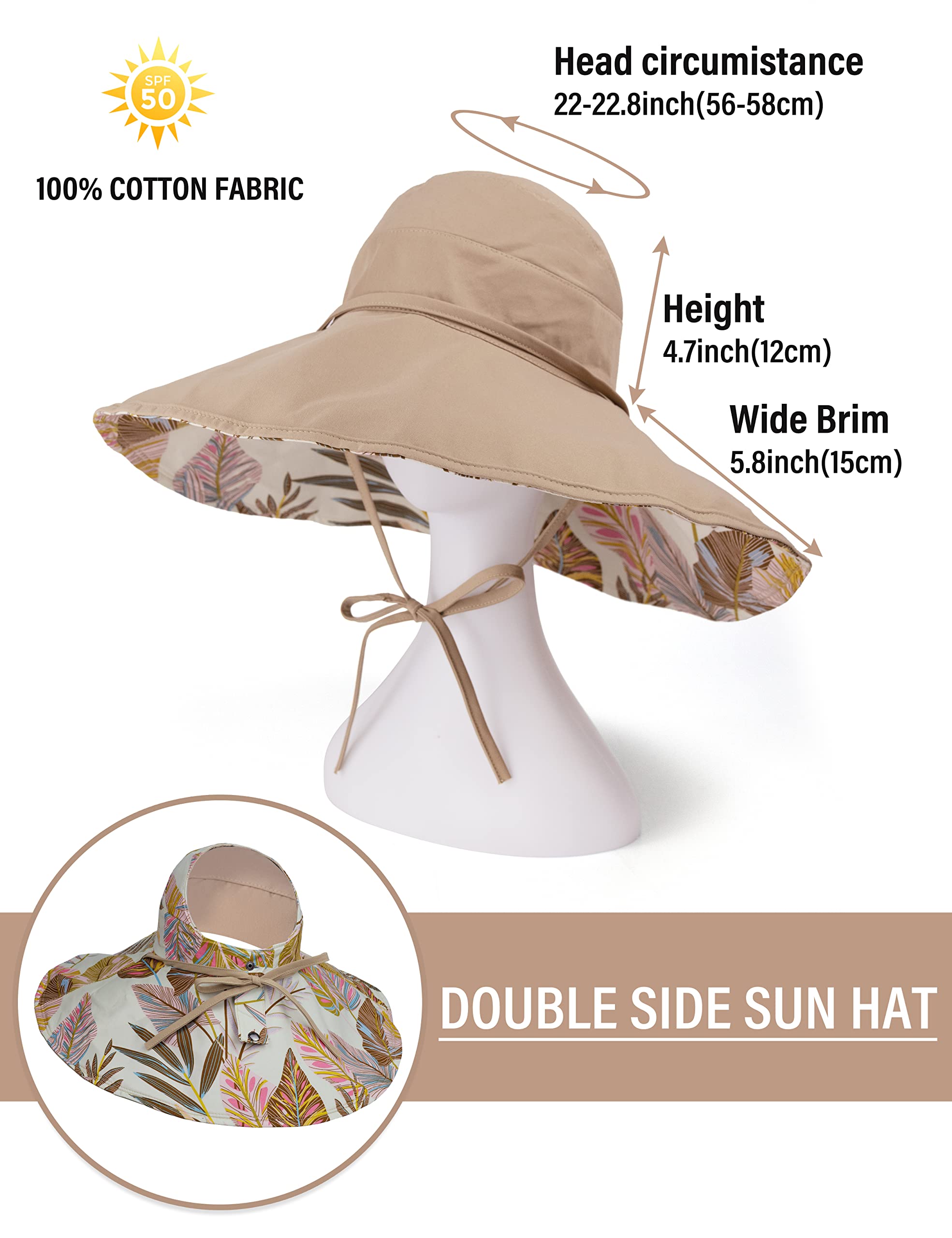 Koreshion Women Ponytail Sun Hat Reversible Fishing Hat Foldable Bowknot Summer Hat UPF 50+ Beach Cap Wide Brim Bucket Hat Khaki