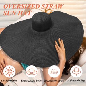 Oversized Sun Straw Hat for Women, UPF 50+ Floppy Wide Brim Summer Hat, Foldable Roll Up Travel Hat (Black, 11.8 Inches Brim Width)