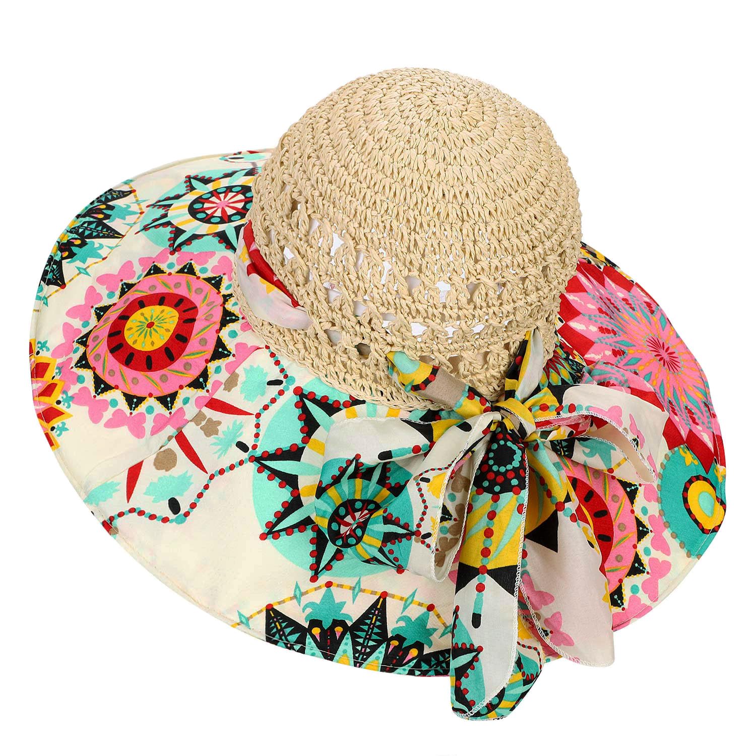 PENINSULA LOVE Summer Anti-UV Wide Brim Beach Hats Women Flower Floppy Foldable Roll up Cap Beige