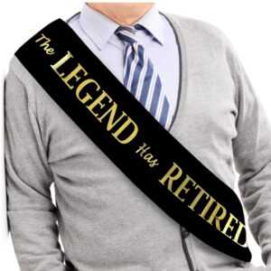 JPACO The Legend Has Retired Sash – Elegant Black and Gold Foil Legendary Sash for Both Women and Men & a Large Gold Safety Pin. Perfect for Retirement Parties