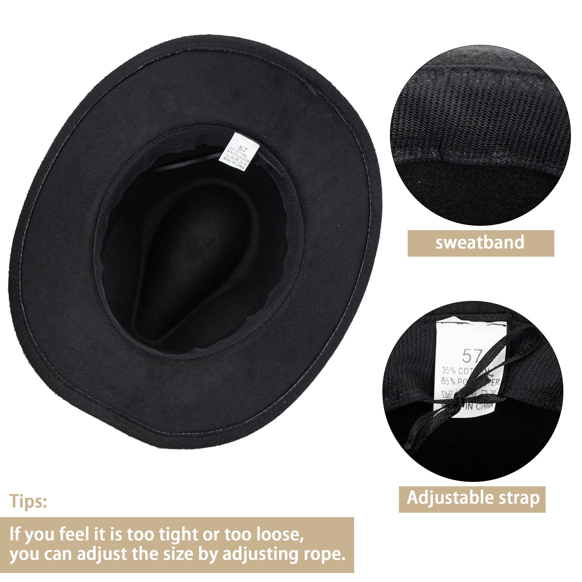 Classic Western-Cowboy-Hat for Women and Men - Wide Brim Roll Up Fedora-Hat Felt Cowboy Cowgirl Hat Fit for M-L (US, Numeric, 7, Black-3)