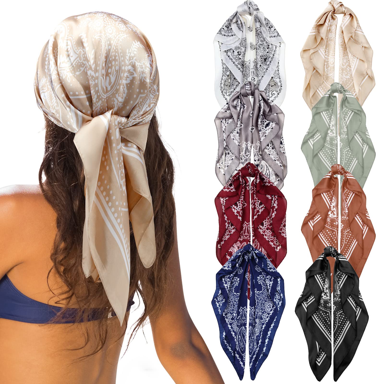 Zhanmai 8 Pcs 27.5 x 27.5 Inch Square Satin Head Scarves Women Silk Bandana Hair Scarves Hair Wrap Neck Scarf for Sleeping (Colorful,Classic)