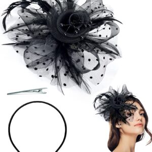 Bniksok Black Fascinator Hat for Women Tea Party Headpiece Horse Race Organza Headband Hair Clip Church Hat for Cocktail Wedding Halloween