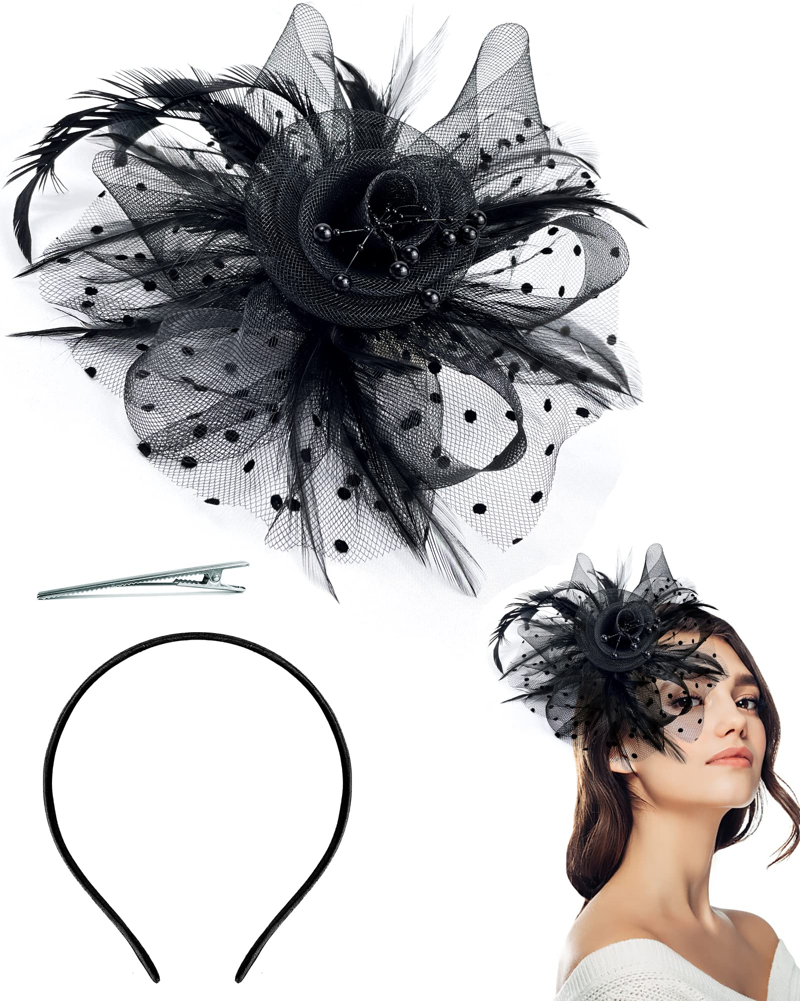 Bniksok Black Fascinator Hat for Women Tea Party Headpiece Horse Race Organza Headband Hair Clip Church Hat for Cocktail Wedding Halloween