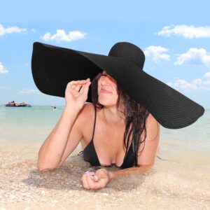 Oversized Sun Straw Hat for Women, UPF 50+ Floppy Wide Brim Summer Hat, Foldable Roll Up Travel Hat (Black, 11.8 Inches Brim Width)