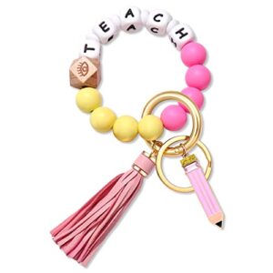 boderier silicone bracelet keychain wristlet bangle keyring portable keys holder w/tassel pencil teacher appreciation gifts (teach with pencil)