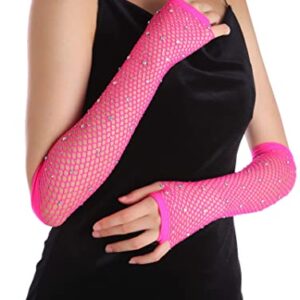 OTPEH Women Fishnet Rhinestone Gloves Fingerless Kids Fish Net Arm Sleeve Warmers 80s Emo Scene Accessories Pink