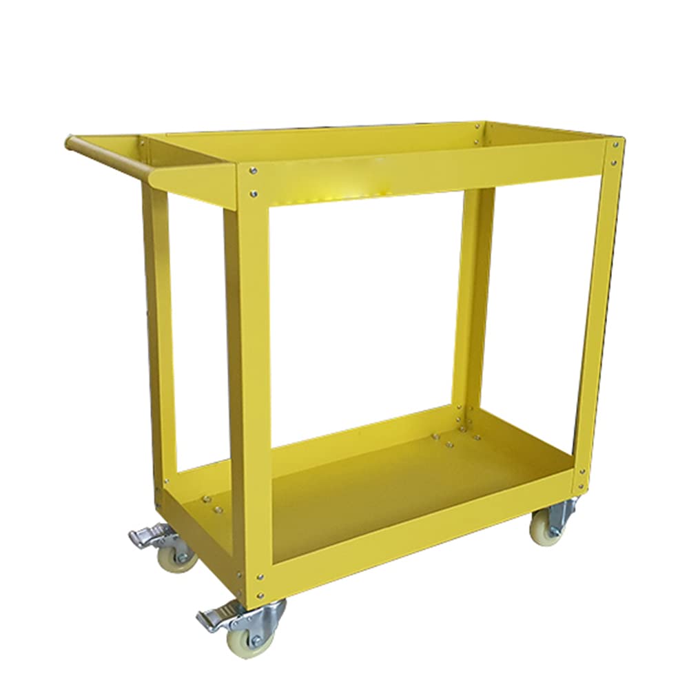 HPDMC 30in Large Steel Service Cart - Utility Carts with Wheels - 2 Shelf - Metal - 300 lbs Capacity - Shop Rolling Tool Carts - Yellow