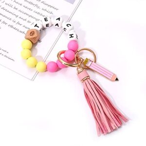 boderier Silicone Bracelet Keychain Wristlet Bangle Keyring Portable Keys Holder W/Tassel Pencil Teacher Appreciation Gifts (Teach with pencil)