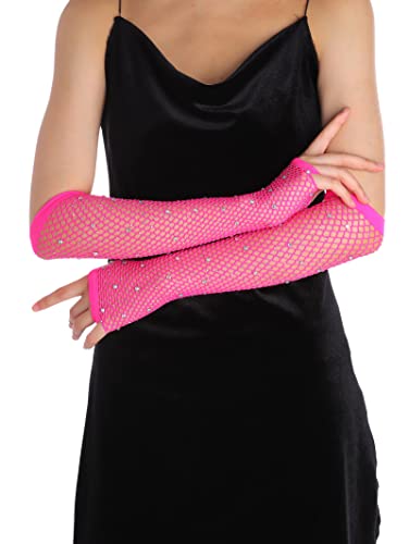 OTPEH Women Fishnet Rhinestone Gloves Fingerless Kids Fish Net Arm Sleeve Warmers 80s Emo Scene Accessories Pink