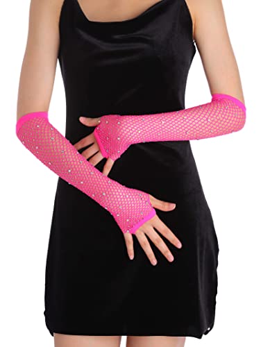 OTPEH Women Fishnet Rhinestone Gloves Fingerless Kids Fish Net Arm Sleeve Warmers 80s Emo Scene Accessories Pink