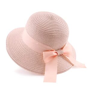 zsedrut women,little girls straw sun hat summer beach cap foldable visor floppy hats wide brim with bowknot(pinkbow,2-4t)