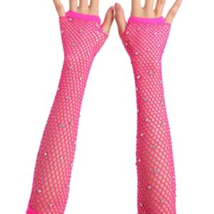 OTPEH Women Fishnet Rhinestone Gloves Fingerless Kids Fish Net Arm Sleeve Warmers 80s Emo Scene Accessories Pink