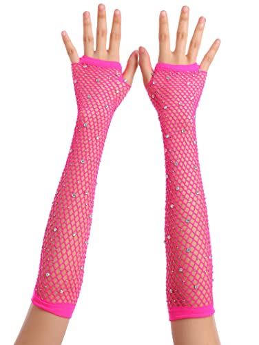 OTPEH Women Fishnet Rhinestone Gloves Fingerless Kids Fish Net Arm Sleeve Warmers 80s Emo Scene Accessories Pink