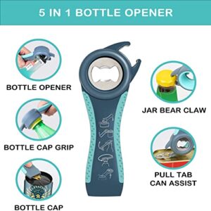 Jar Opener for Weak Hands, Seniors with Arthritis, 5 in 1 Multi Function Bottle Opener Lid Opener For Arthritic Hands with Non Slip Rubber Jar opener Gripper Pad(3-piece set, Blue)