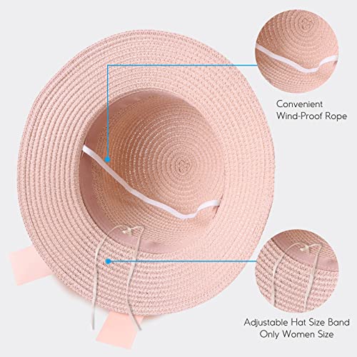 Zsedrut Women,Little Girls Straw Sun Hat Summer Beach Cap Foldable Visor Floppy Hats Wide Brim with Bowknot(Pinkbow,2-4T)