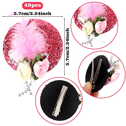 48 Pieces Mini Hat Hair Clip Mini Top Hat Fascinator Decorative for Girls Women Feather Lace Clip Tea Party Hair Accessories