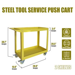 HPDMC 30in Large Steel Service Cart - Utility Carts with Wheels - 2 Shelf - Metal - 300 lbs Capacity - Shop Rolling Tool Carts - Yellow