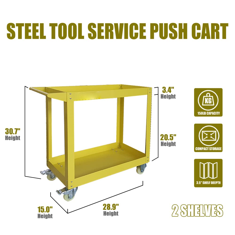 HPDMC 30in Large Steel Service Cart - Utility Carts with Wheels - 2 Shelf - Metal - 300 lbs Capacity - Shop Rolling Tool Carts - Yellow