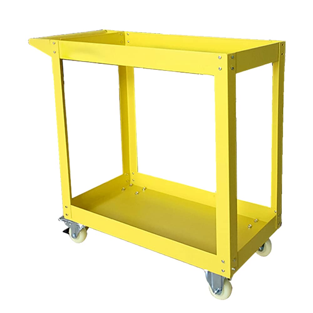 HPDMC 30in Large Steel Service Cart - Utility Carts with Wheels - 2 Shelf - Metal - 300 lbs Capacity - Shop Rolling Tool Carts - Yellow