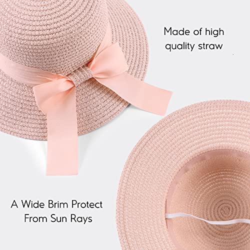 Zsedrut Women,Little Girls Straw Sun Hat Summer Beach Cap Foldable Visor Floppy Hats Wide Brim with Bowknot(Pinkbow,2-4T)