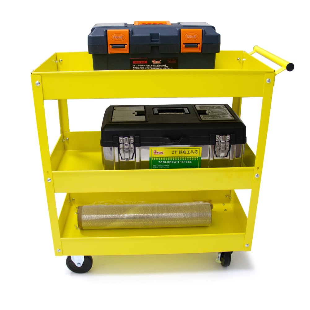 HPDMC 30in Large Steel Service Cart - Utility Carts with Wheels - 3 Shelf - Metal - 400 lbs Capacity - Shop Rolling Tool Carts - Yellow