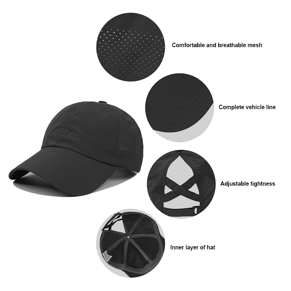 Criss-Cross Ponytail-Baseball-Cap for Women - Summer Adjustable Quick-Dry High-Messy-Bun Dad-Hat Fit for 22" Black