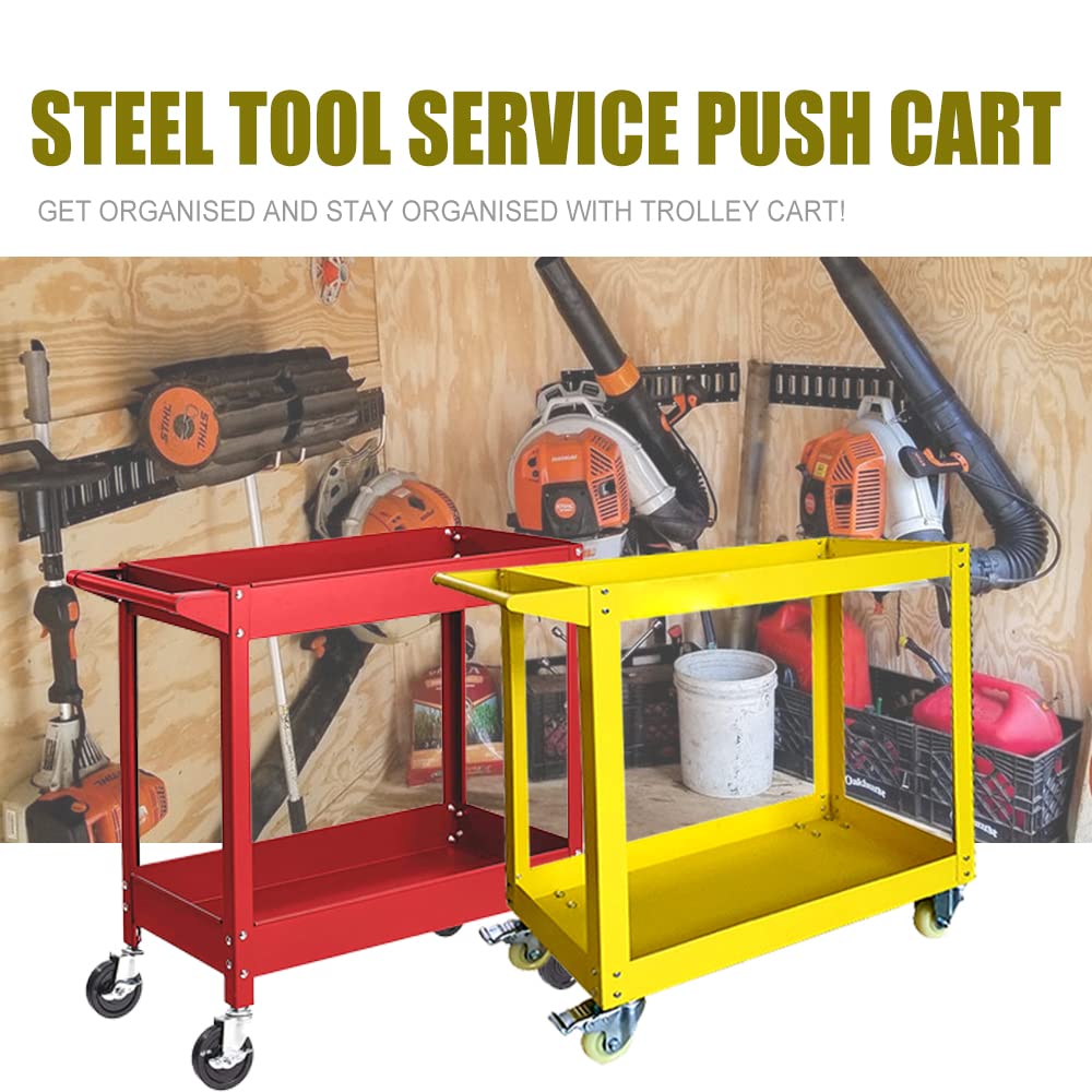 HPDMC 30in Large Steel Service Cart - Utility Carts with Wheels - 2 Shelf - Metal - 300 lbs Capacity - Shop Rolling Tool Carts - Yellow