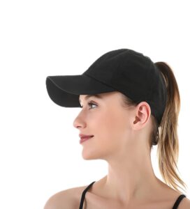 criss-cross ponytail-baseball-cap for women - summer adjustable quick-dry high-messy-bun dad-hat fit for 22" black