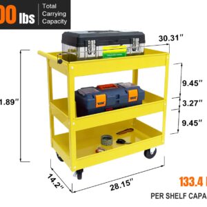 HPDMC 30in Large Steel Service Cart - Utility Carts with Wheels - 3 Shelf - Metal - 400 lbs Capacity - Shop Rolling Tool Carts - Yellow