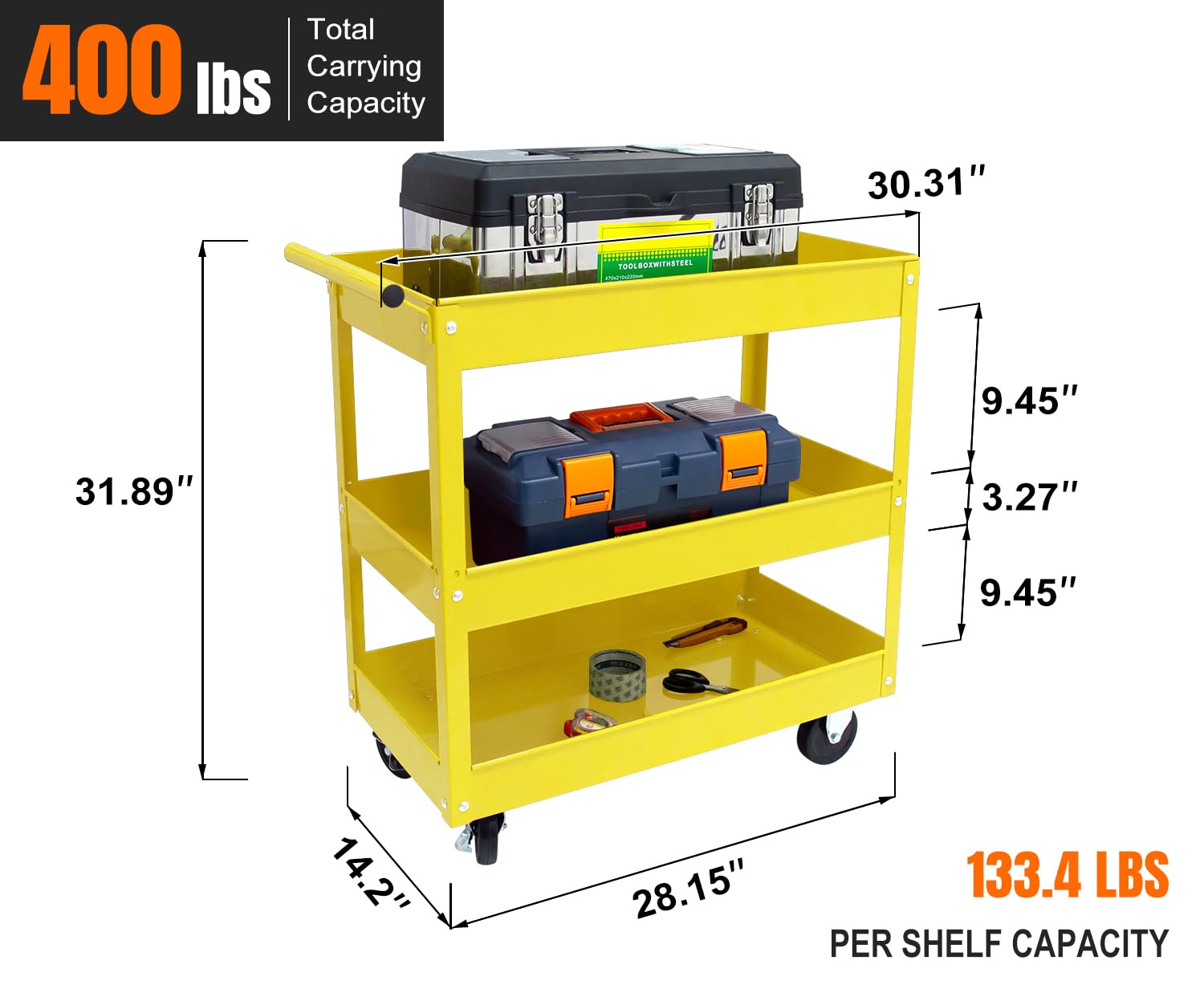 HPDMC 30in Large Steel Service Cart - Utility Carts with Wheels - 3 Shelf - Metal - 400 lbs Capacity - Shop Rolling Tool Carts - Yellow