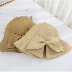 Womens Wide Brim Slit Sun Hat Bow Knot Summer Straw Sun Hats for Women (Beige)