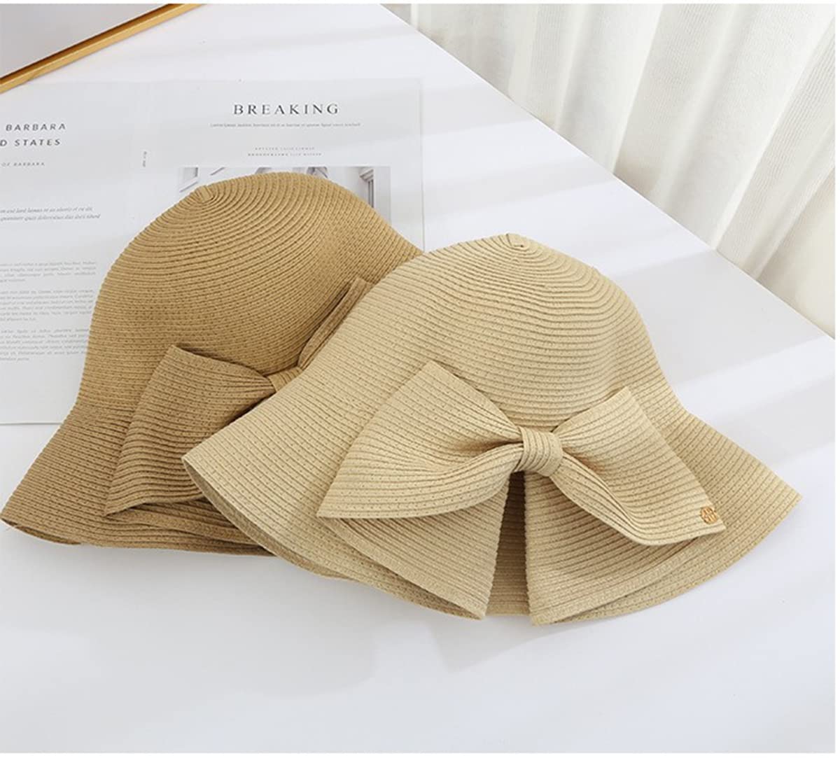 Womens Wide Brim Slit Sun Hat Bow Knot Summer Straw Sun Hats for Women (Beige)