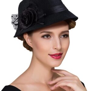 CROWN GUIDE 1920s Gatsby Church Cloche Derby Hats for Women Ladies Bow Bucket Wedding Bowler Hats Tea Party Black