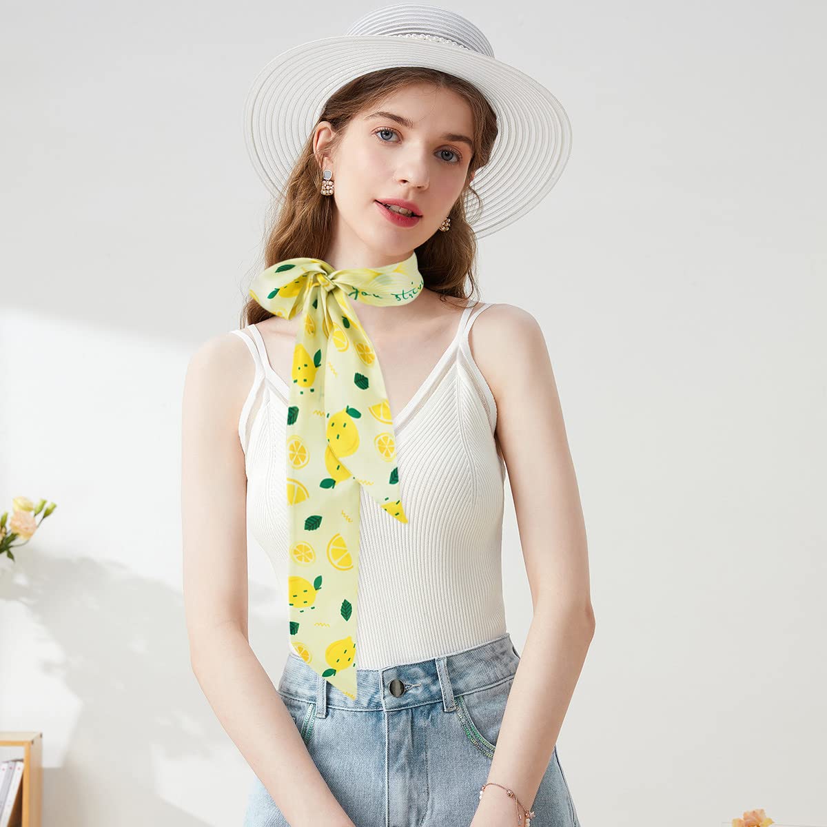 GERINLY Lemon Print Neck Choker Scarf Korea Style Ponytail Scarf for Beach Fresh Handbag Bow Accessory