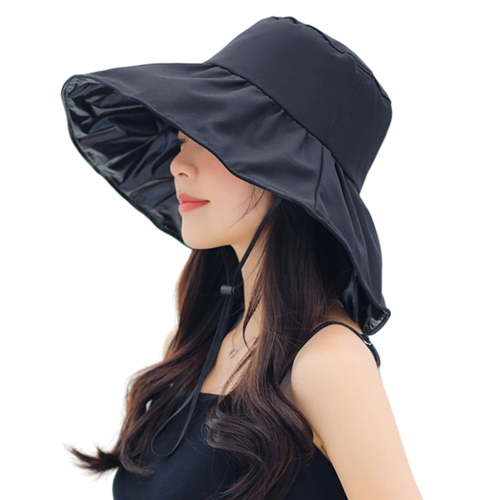 Women Summer Rain Hat UV UPF 50 Sun Protection Wide Brim Hat Sun Hat Foldable Bucket Hat (Black)