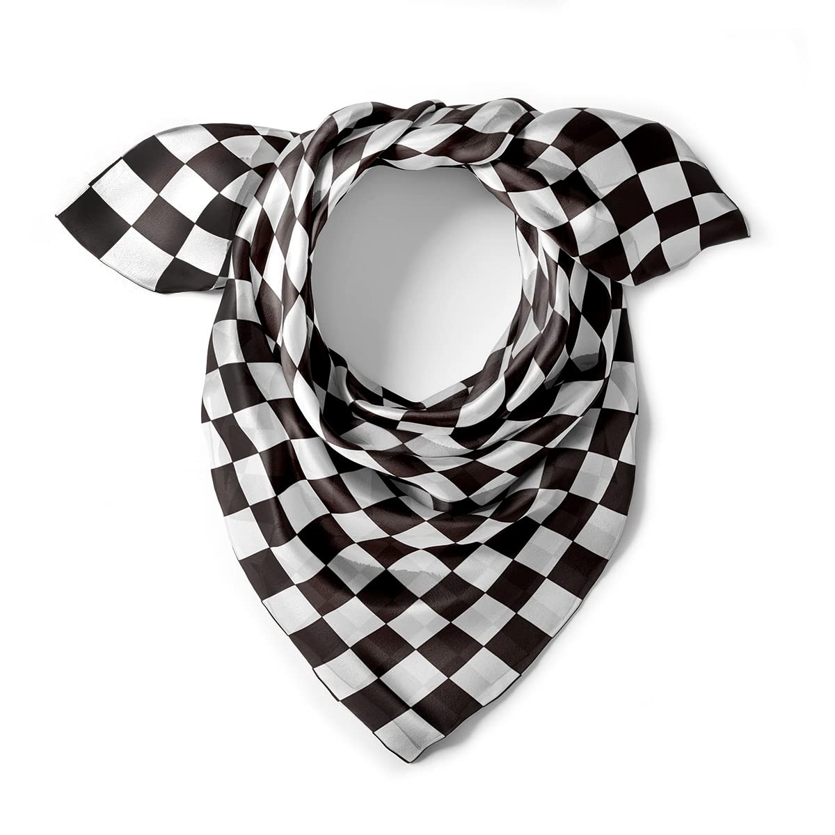 INAINI Black White Checkered Silk Scarf - Checkered Flag Bandana - Checkerboard Neck Scarf - Pure Natural Silk Handkerchief 21" x 21 inch