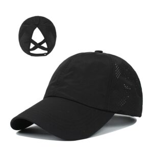 Criss-Cross Ponytail-Baseball-Cap for Women - Summer Adjustable Quick-Dry High-Messy-Bun Dad-Hat Fit for 22" Black