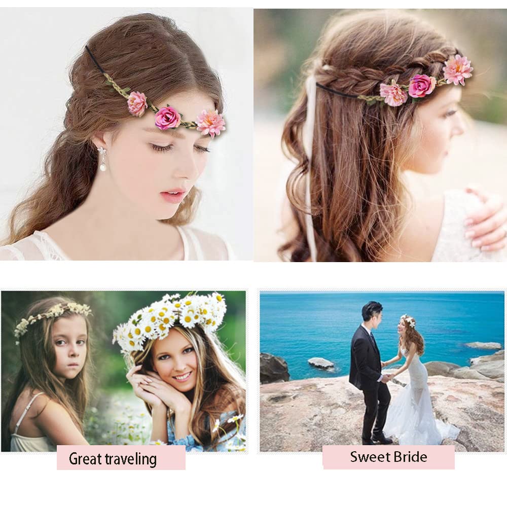 HANSAMU Flower Crown for Women Girls, Floral Headbands Elastic Ribbon Bridal Bridesmaid Fairy Headpiece for Party Wedding Beach (4 Pack