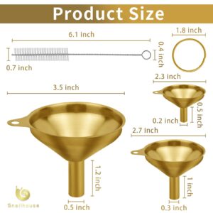 Snailhouse Small Funnels, 3 Pack Stainless Steel Mini Metal Food Funnel with Cleaning Brush Set for Filling Bottles Kitchen Use, Gold (1.78/2.16/2.95 in)